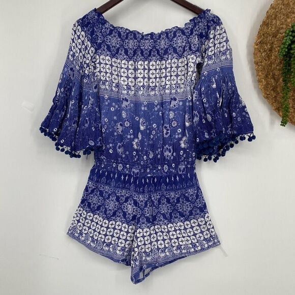 Anthropologie RAGA Off Shoulder‎ Boho Pompom Romper Blue XS - Picture 9 of 13